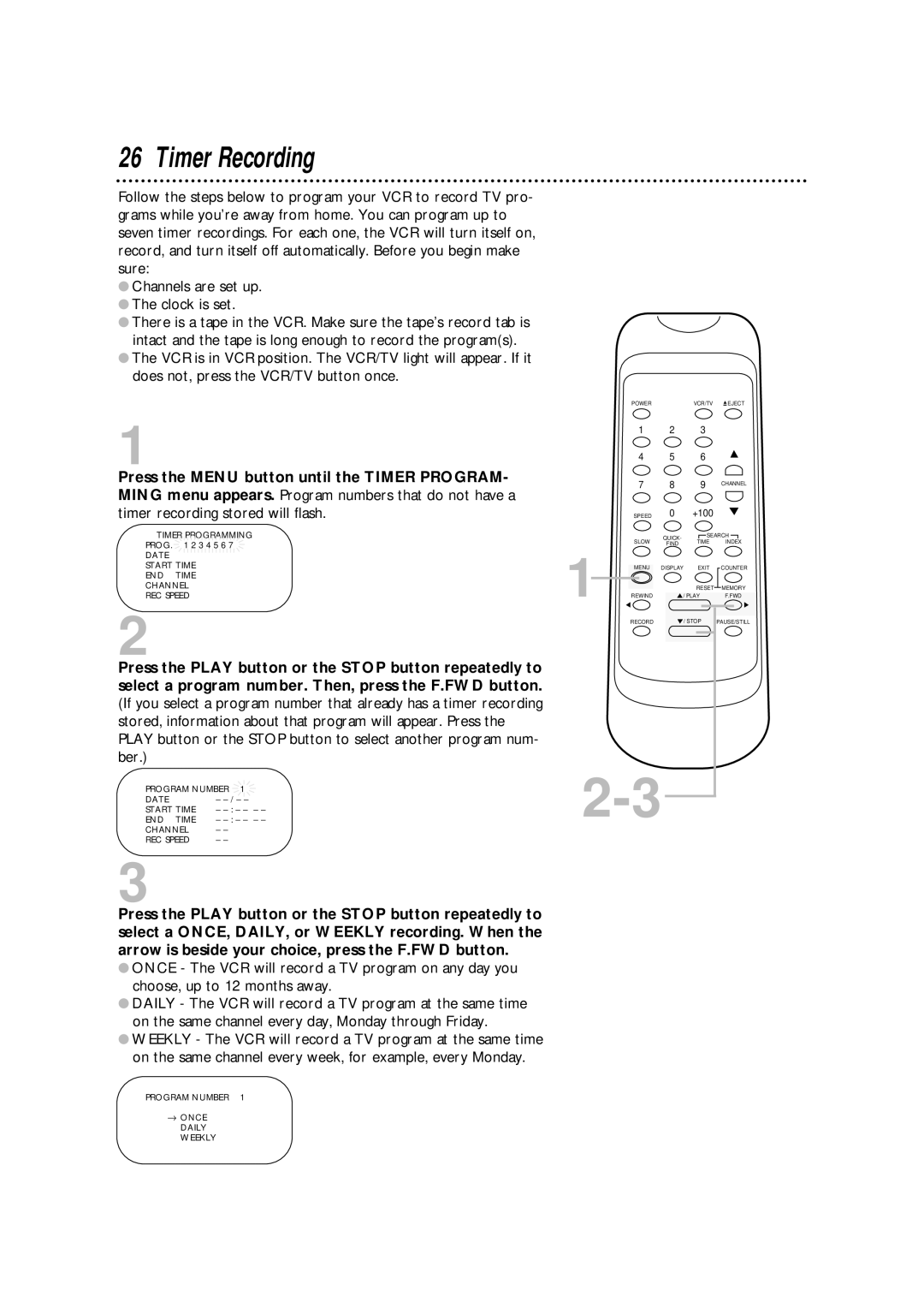 Philips SVA106 owner manual Timer Recording, Program Number → Once Daily Weekly 