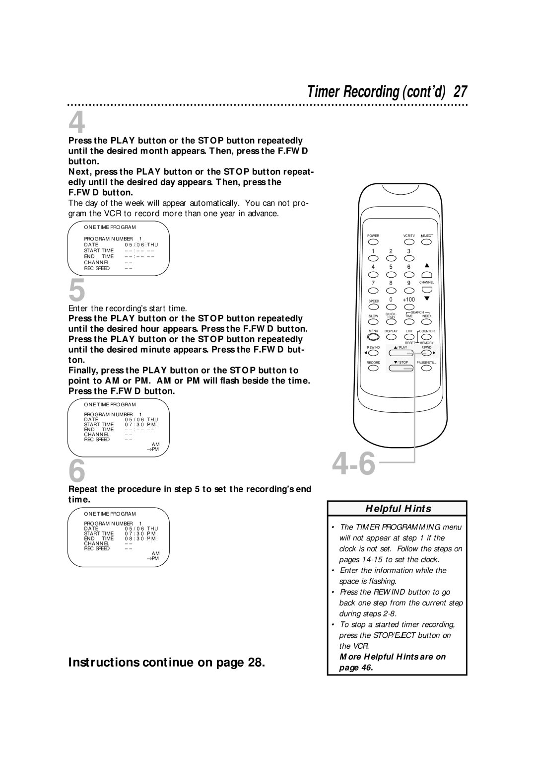 Philips SVA106 owner manual Timer Recording cont’d, Repeat the procedure in to set the recording’s end time 