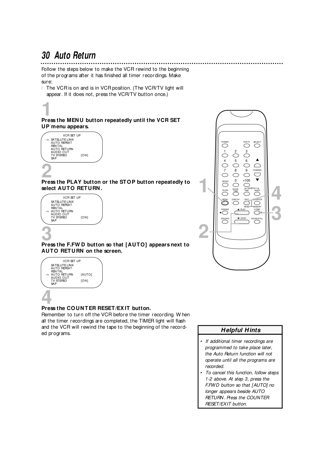 Philips SVA106 owner manual Auto Return 