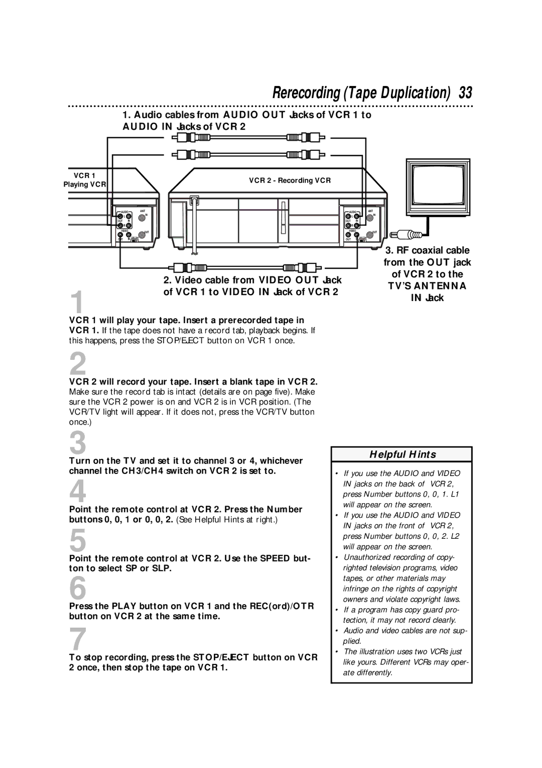 Philips SVA106 owner manual Rerecording Tape Duplication, RF coaxial cable, Jack 