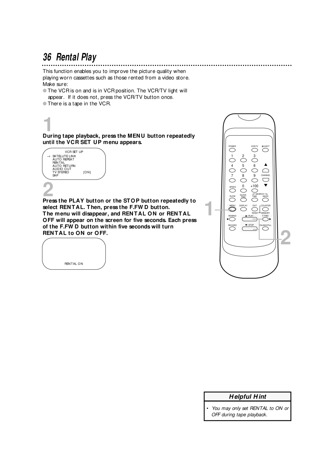 Philips SVA106 owner manual Rental Play, Menu will disappear, and Rental on or Rental, Rental to on or OFF 