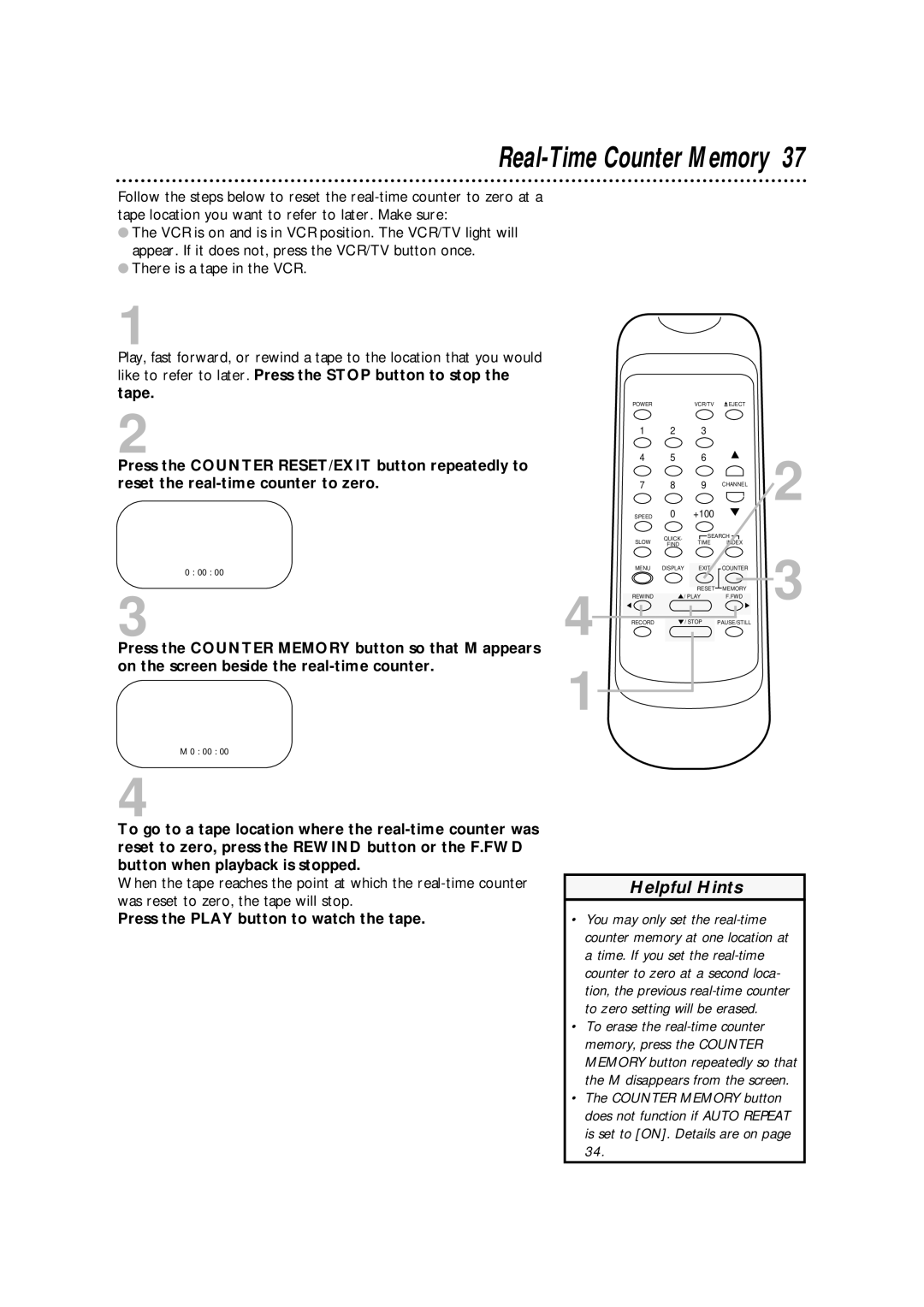 Philips SVA106 owner manual Real-Time Counter Memory, Press the Play button to watch the tape 