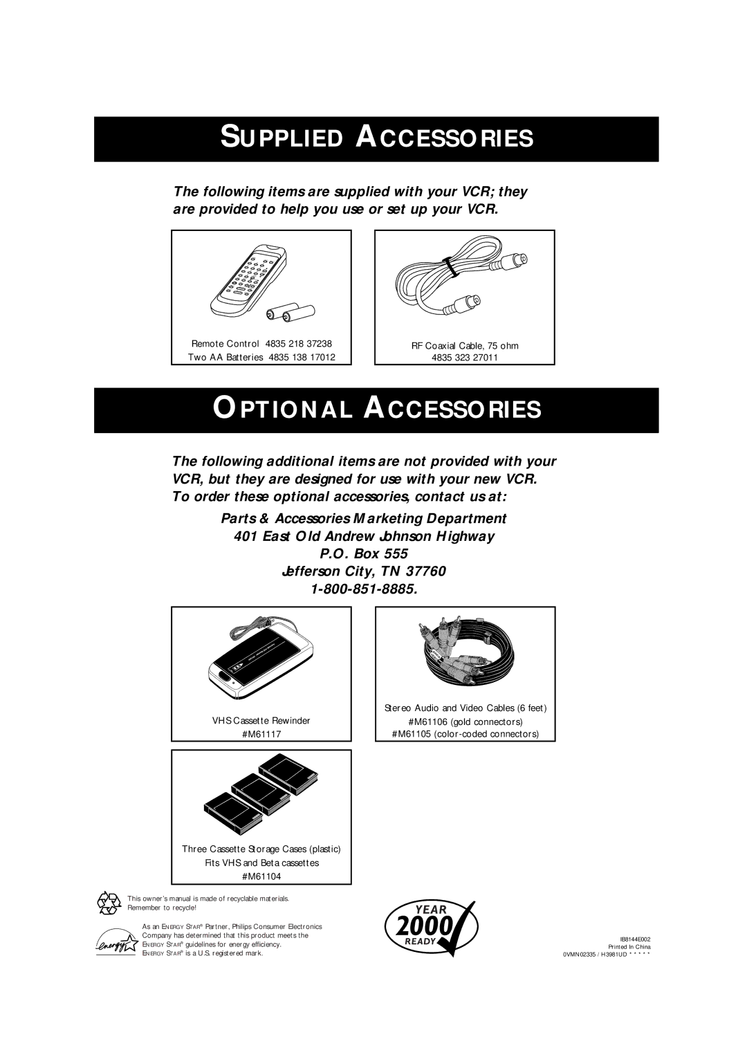 Philips SVA106 owner manual Supplied Accessories 