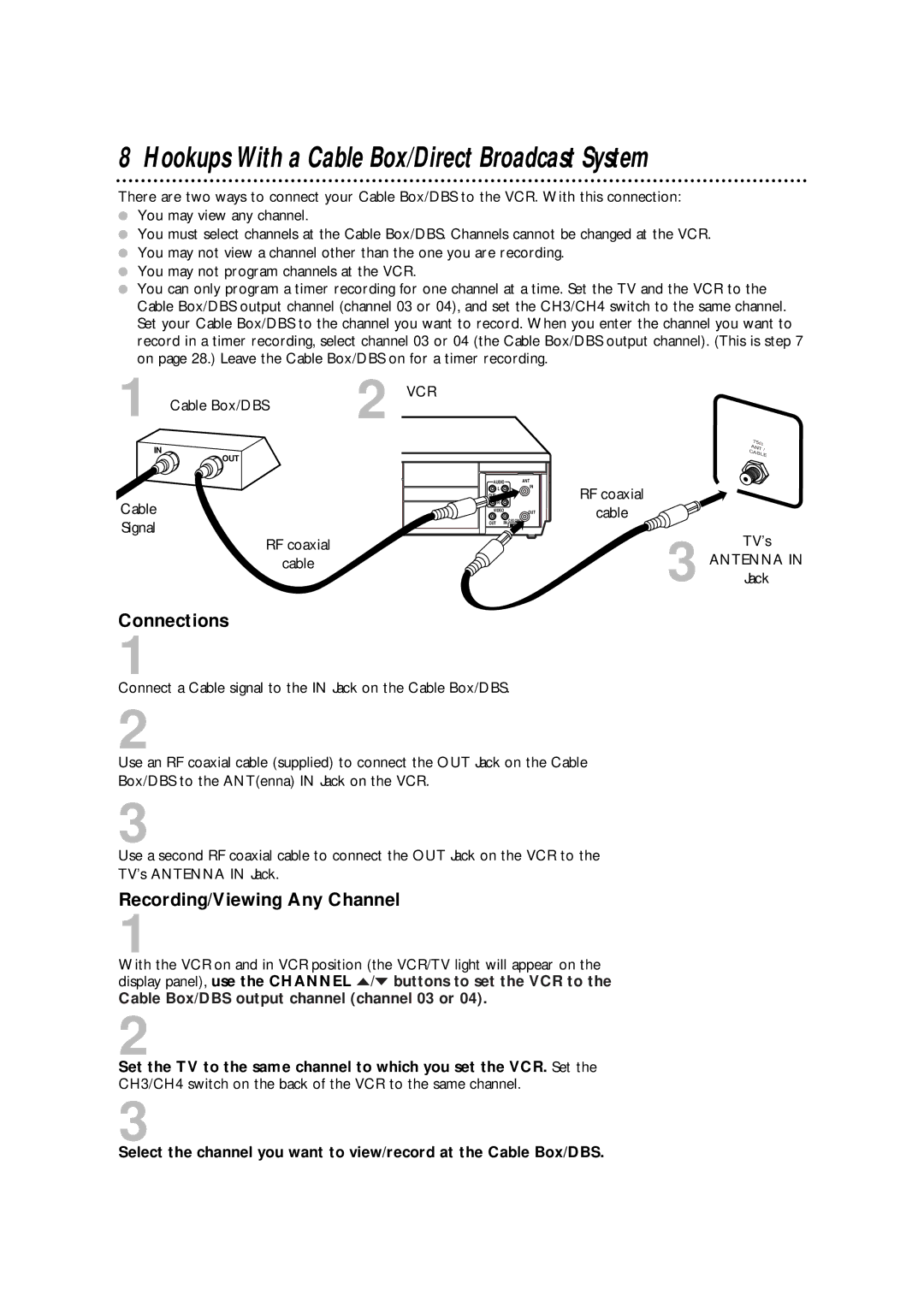 Philips SVA106 owner manual Hookups With a Cable Box/Direct Broadcast System, Connections, Recording/Viewing Any Channel 