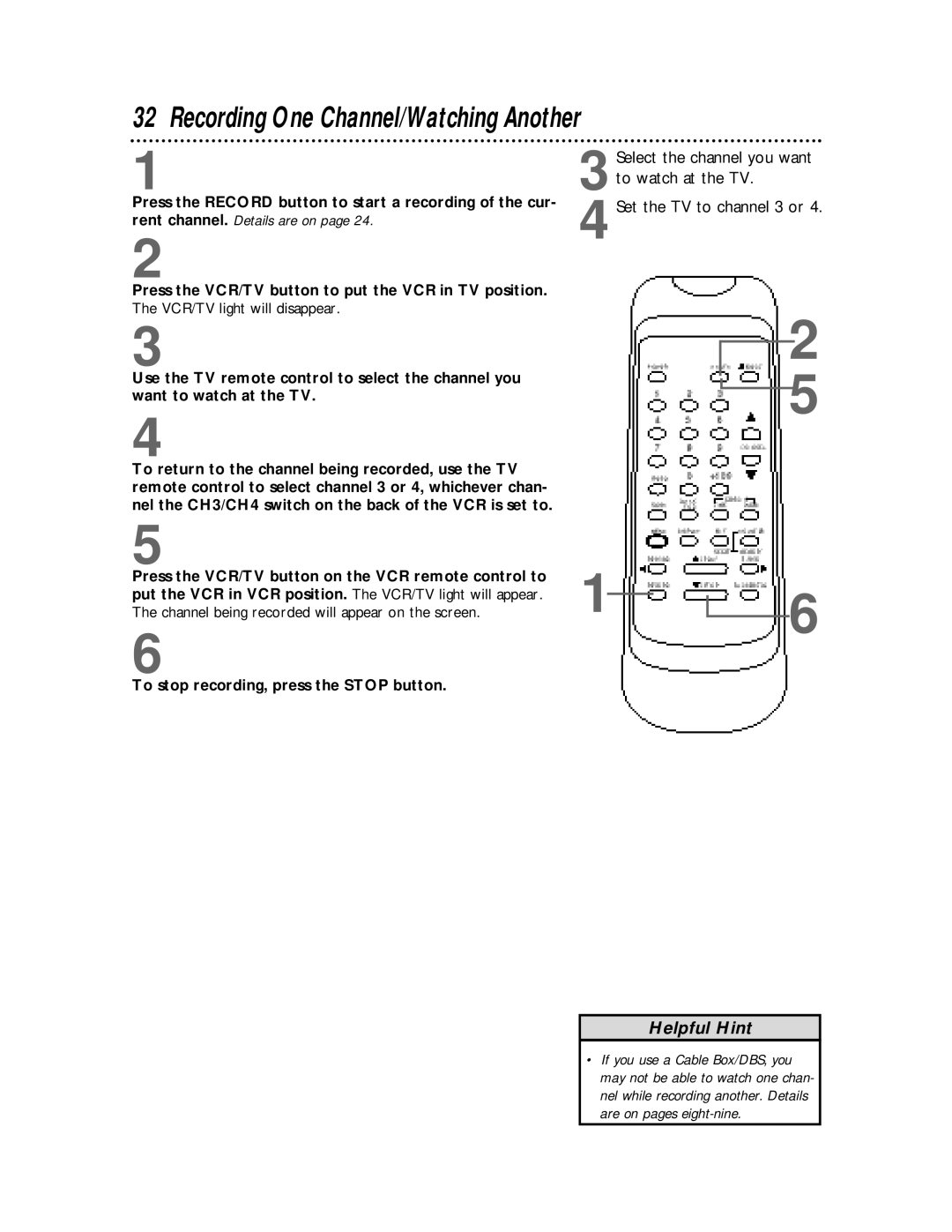 Philips SVB106 owner manual Recording One Channel/Watching Another 