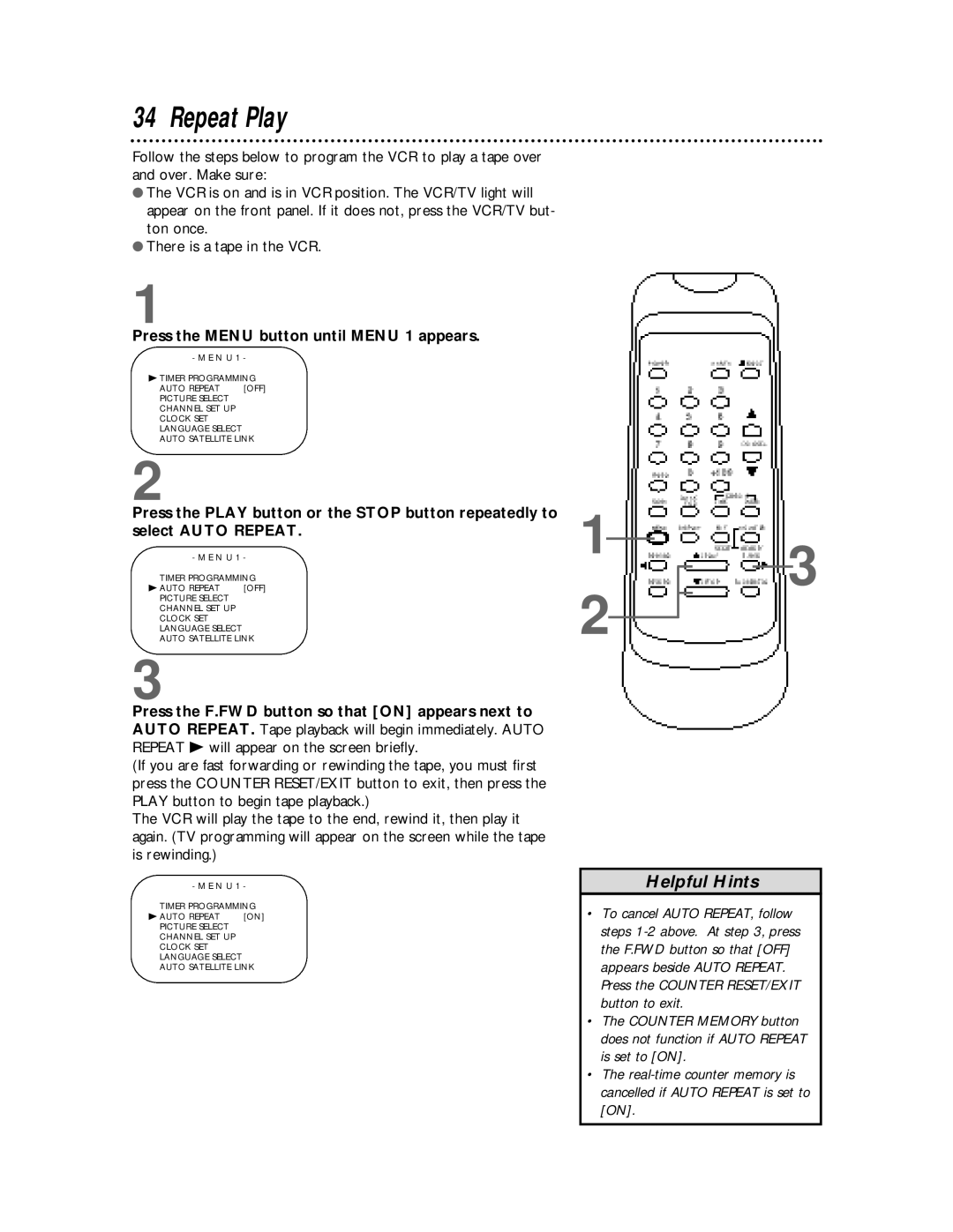 Philips SVB106 owner manual Repeat Play, Press the Menu button until Menu 1 appears 