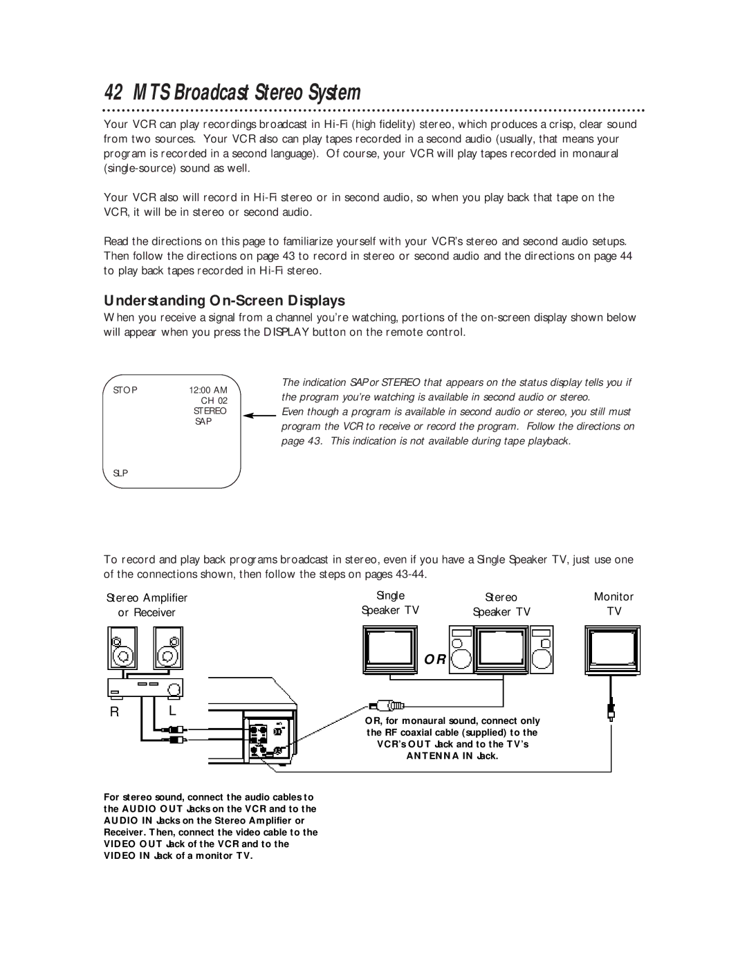 Philips SVB106 owner manual MTS Broadcast Stereo System, Understanding On-Screen Displays, Monitor, Or Receiver 