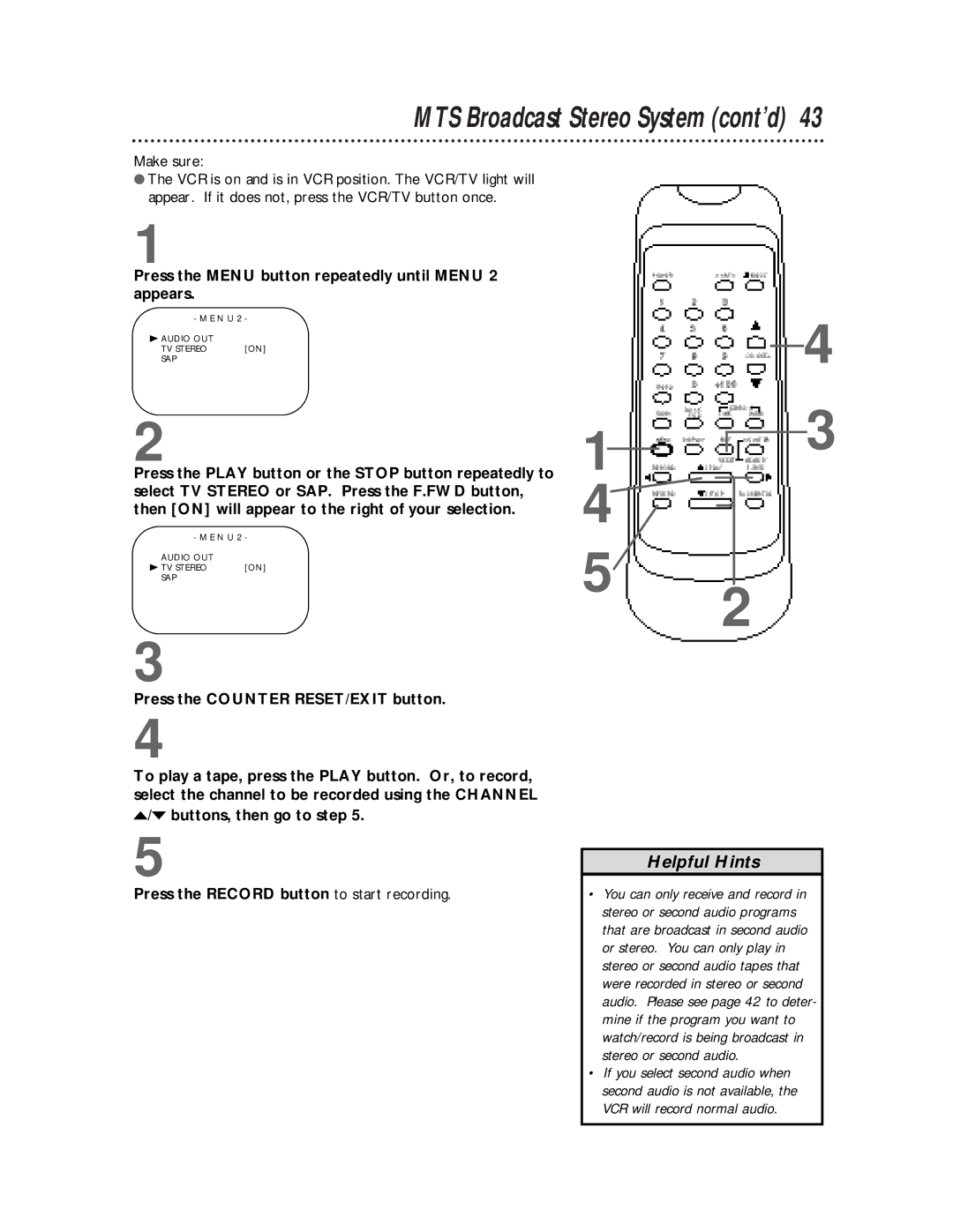 Philips SVB106 owner manual MTS Broadcast Stereo System cont’d, Press the Menu button repeatedly until Menu 2 appears 