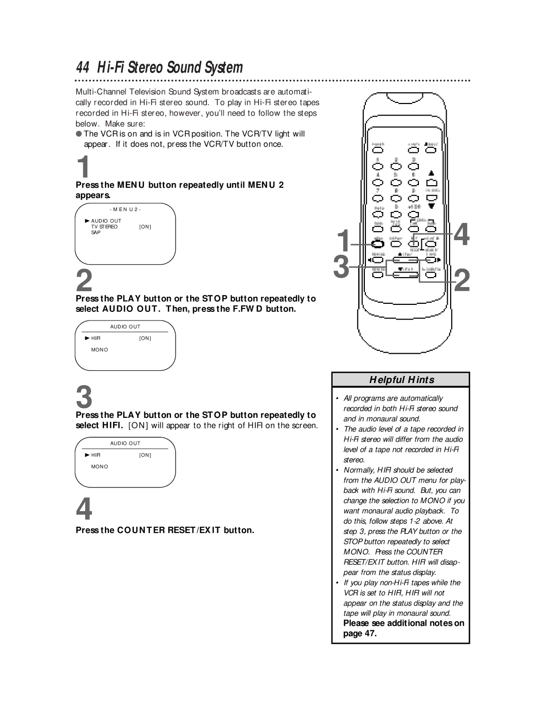 Philips SVB106 owner manual Hi-Fi Stereo Sound System, Press the Counter RESET/EXIT button, Please see additional notes on 