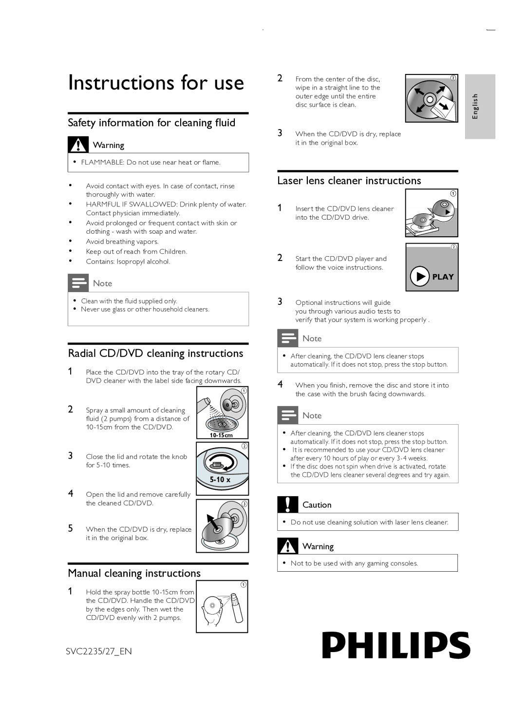 Philips SVC2235/27_EN manual Safety information for cleaning fluid, Radial CD/DVD cleaning instructions 