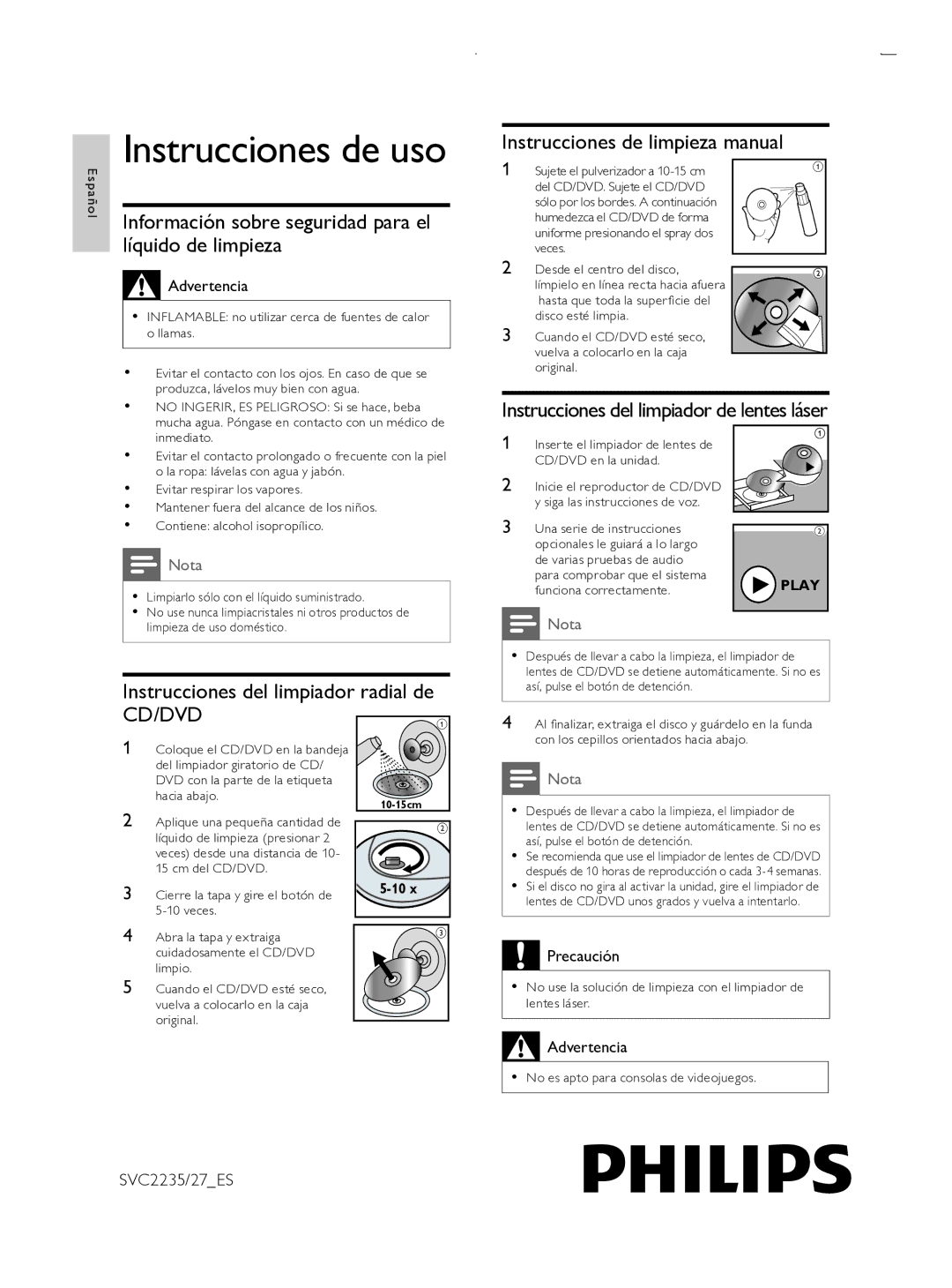 Philips SVC2235/27_EN Instrucciones de limpieza manual, Instrucciones del limpiador de lentes láser 