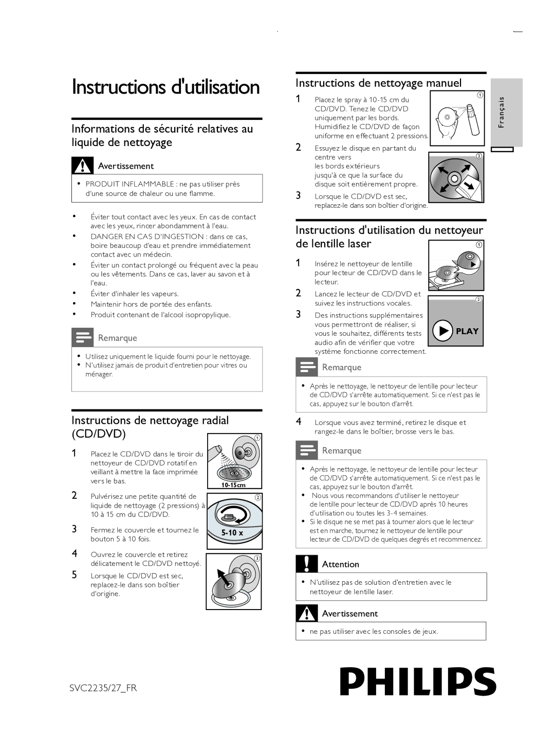 Philips SVC2235/27_EN manual Informations de sécurité relatives au liquide de nettoyage, Instructions de nettoyage manuel 