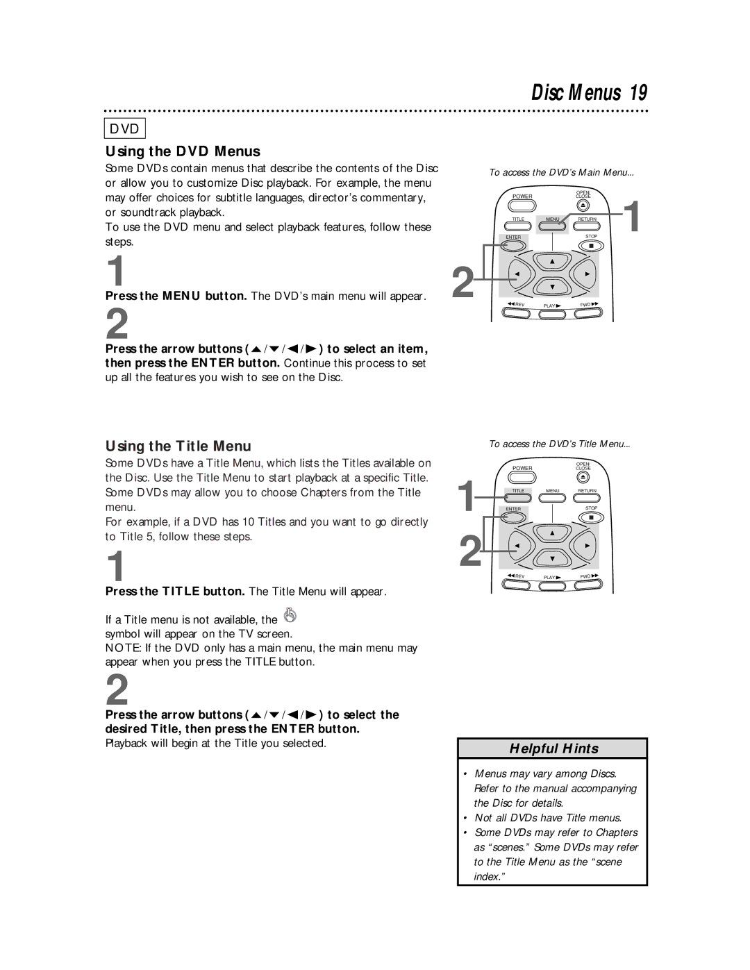 Philips SVD100 owner manual Using the DVD Menus, Using the Title Menu 