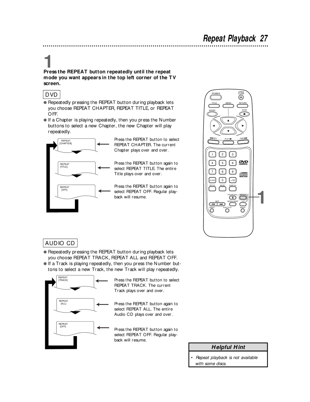 Philips SVD100 owner manual Repeat Playback 