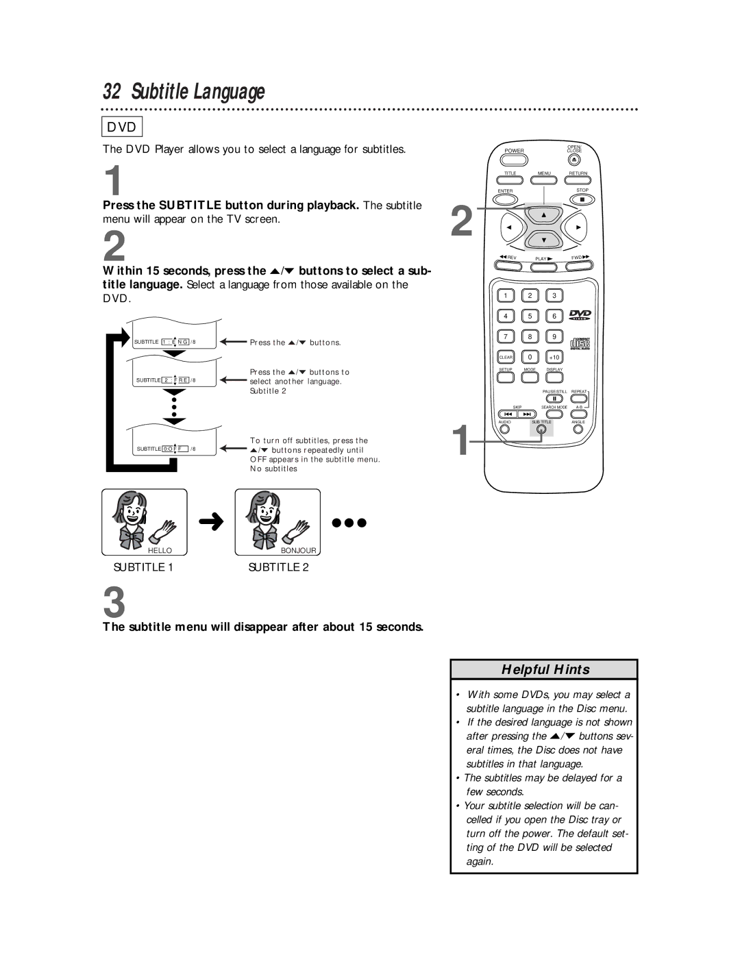 Philips SVD100 owner manual Subtitle Language, Subtitle menu will disappear after about 15 seconds 