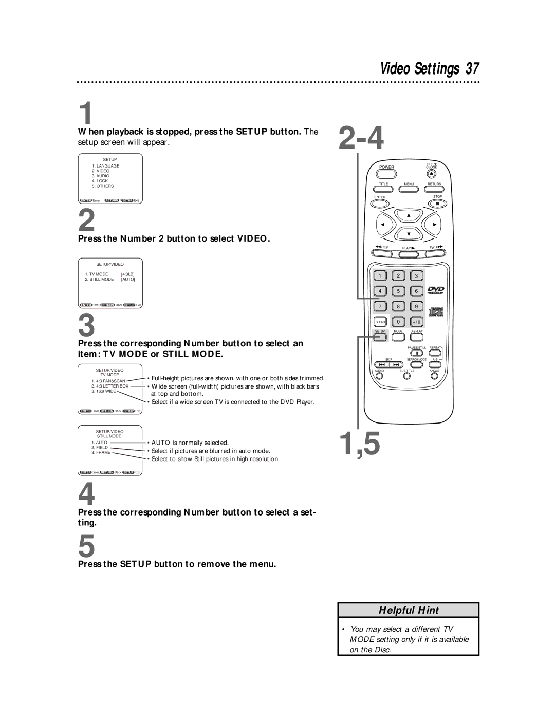 Philips SVD100 owner manual Video Settings, Press the Number 2 button to select Video 