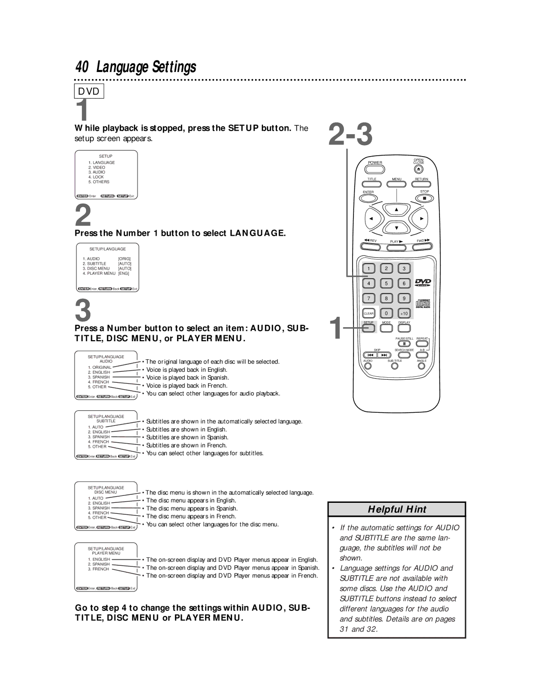 Philips SVD100 owner manual Language Settings, Press the Number 1 button to select Language 