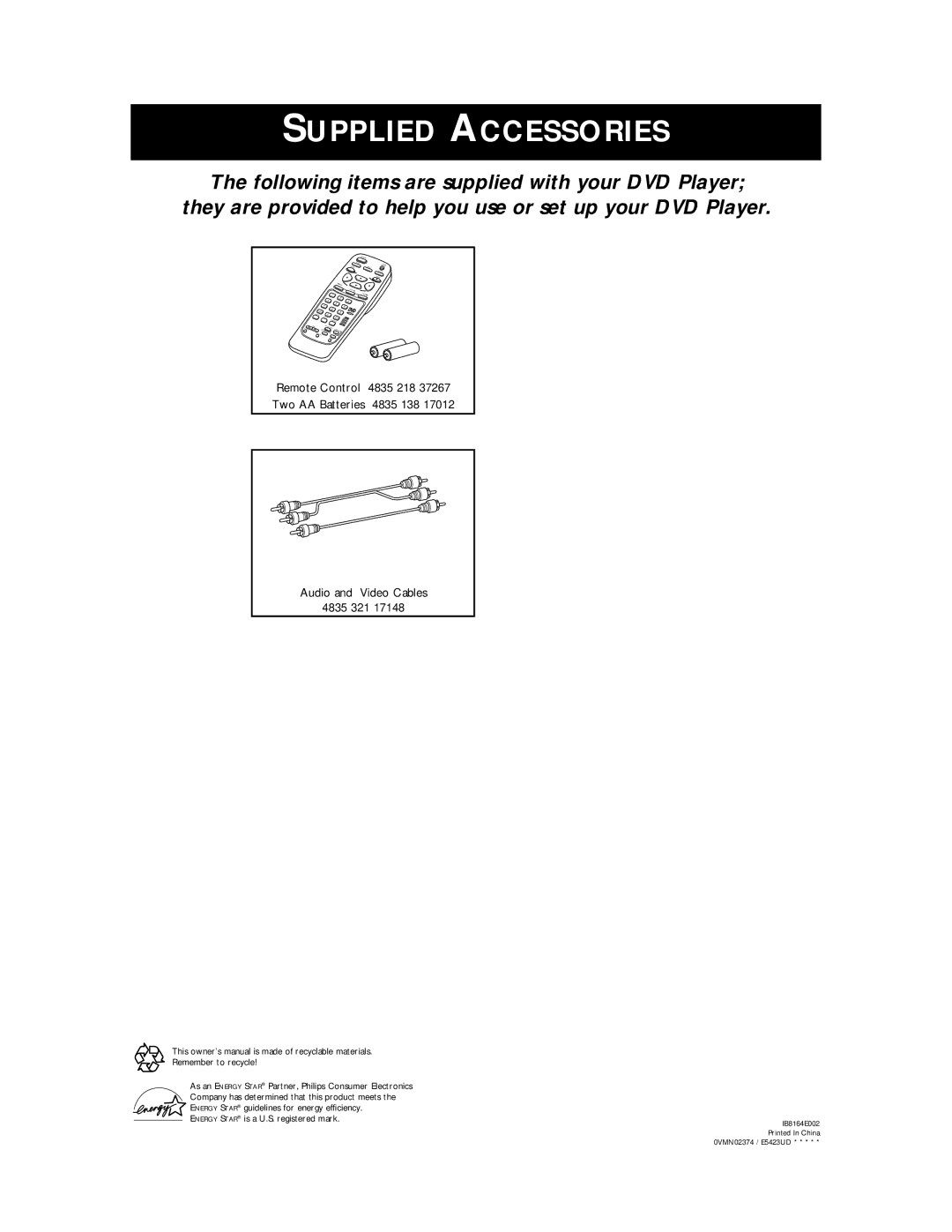 Philips SVD100 owner manual Supplied Accessories 