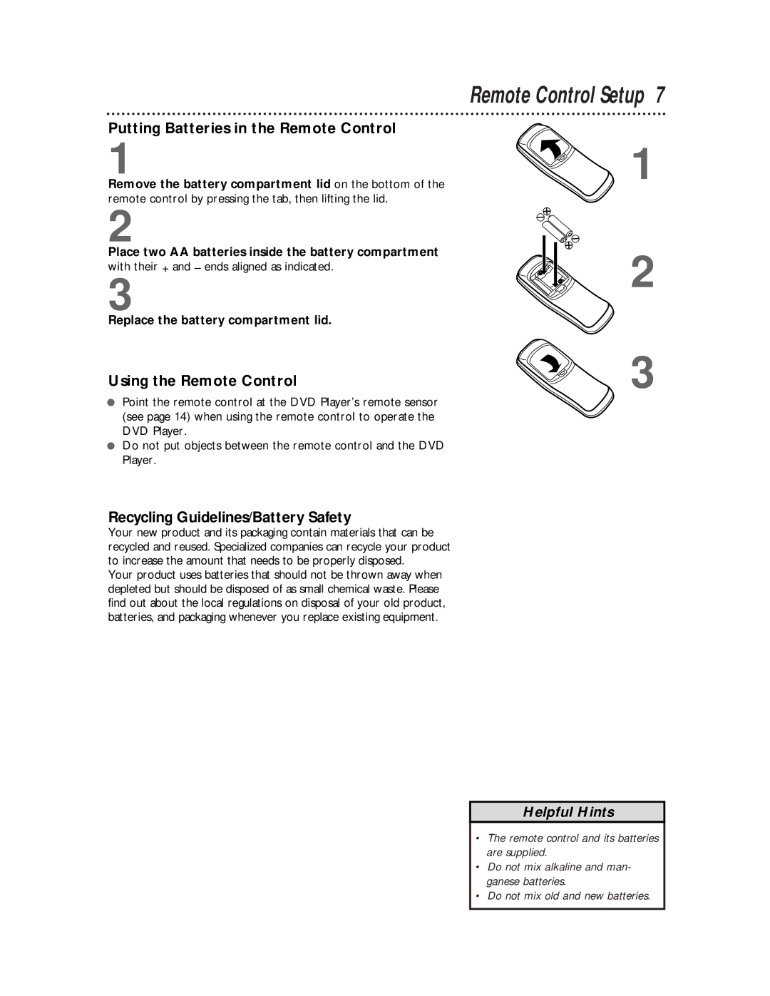 Philips SVD100 owner manual Remote Control Setup, Putting Batteries in the Remote Control, Using the Remote Control 