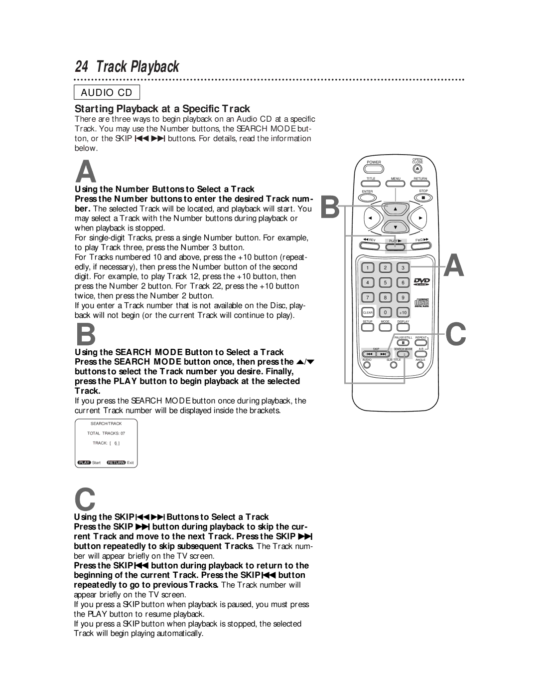 Philips SVD101AT99 owner manual Track Playback, Starting Playback at a Specific Track 