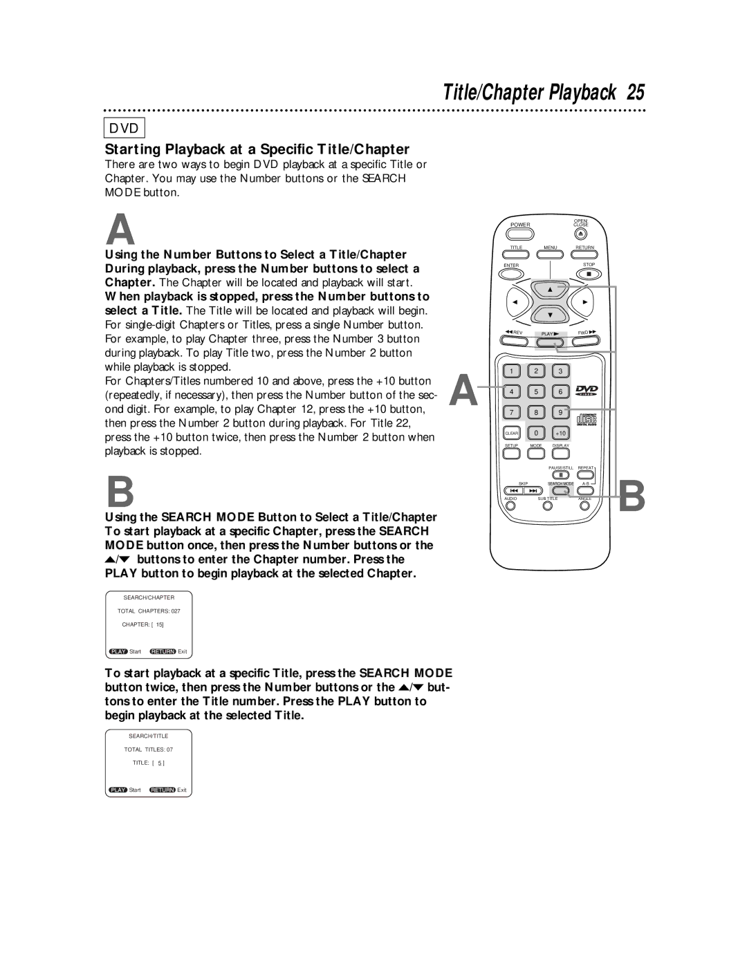 Philips SVD101AT99 owner manual Title/Chapter Playback, Starting Playback at a Specific Title/Chapter 