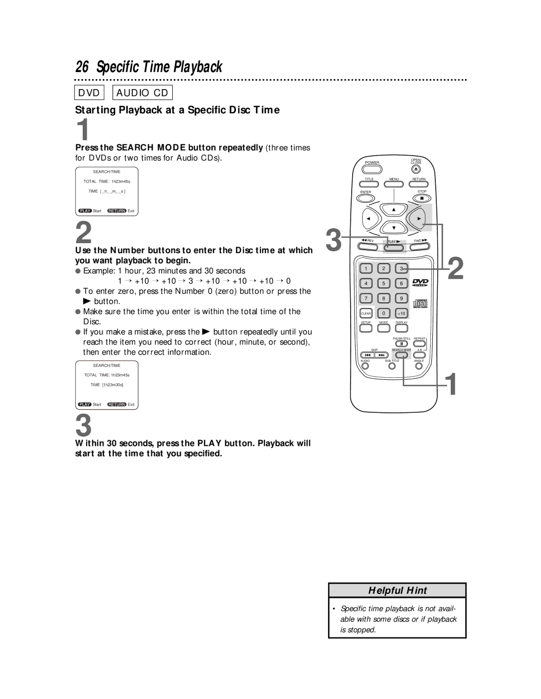 Philips SVD101AT99 owner manual Specific Time Playback, Starting Playback at a Specific Disc Time 