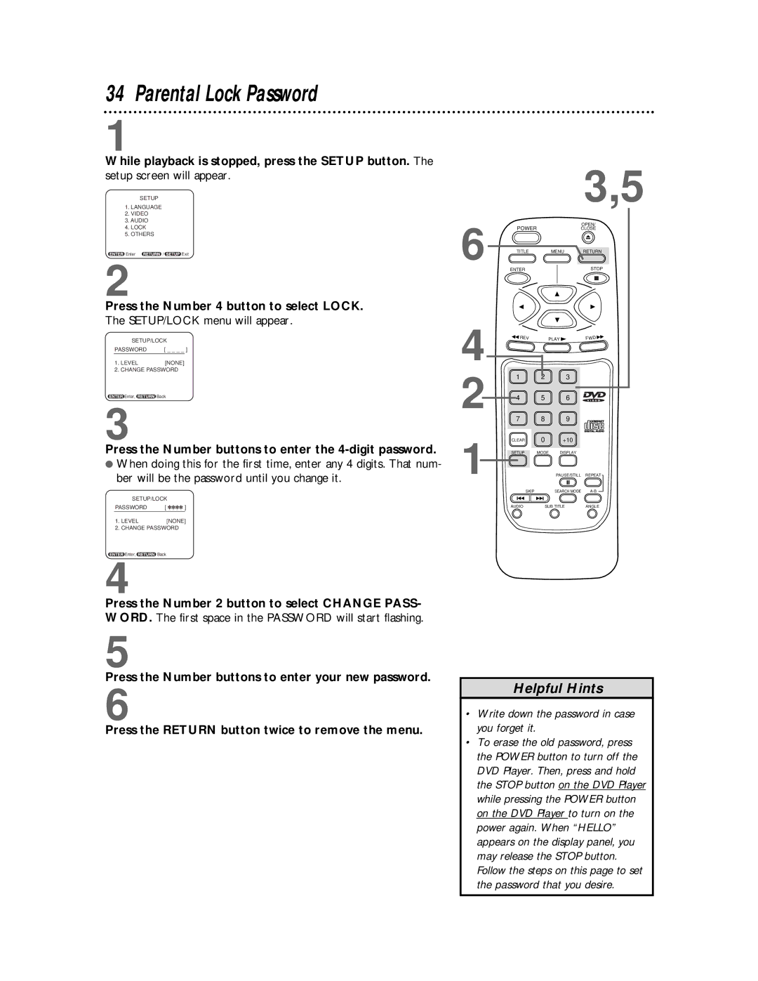 Philips SVD101AT99 owner manual Parental Lock Password, While playback is stopped, press the Setup button 