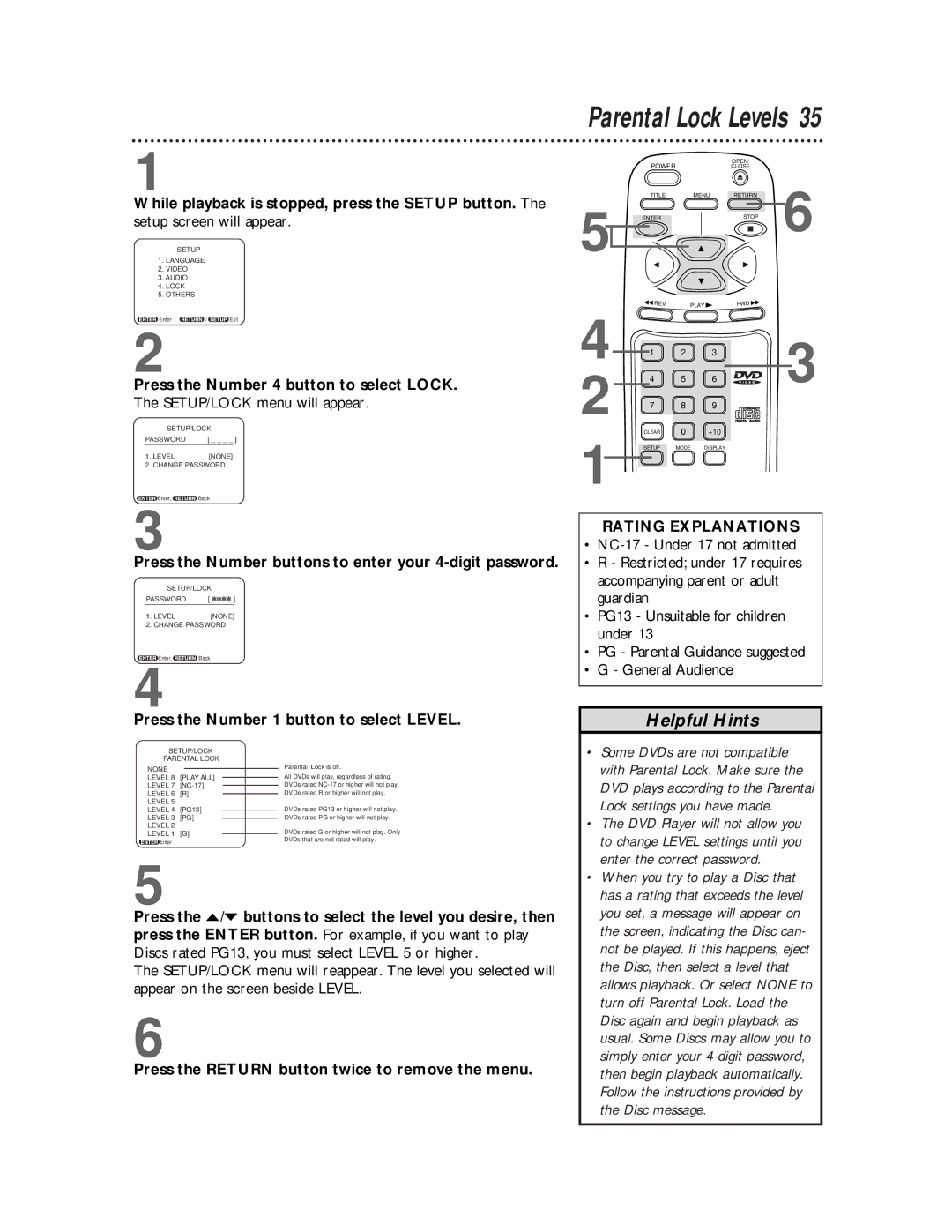 Philips SVD101AT99 owner manual Parental Lock Levels, Press the Number buttons to enter your 4-digit password 