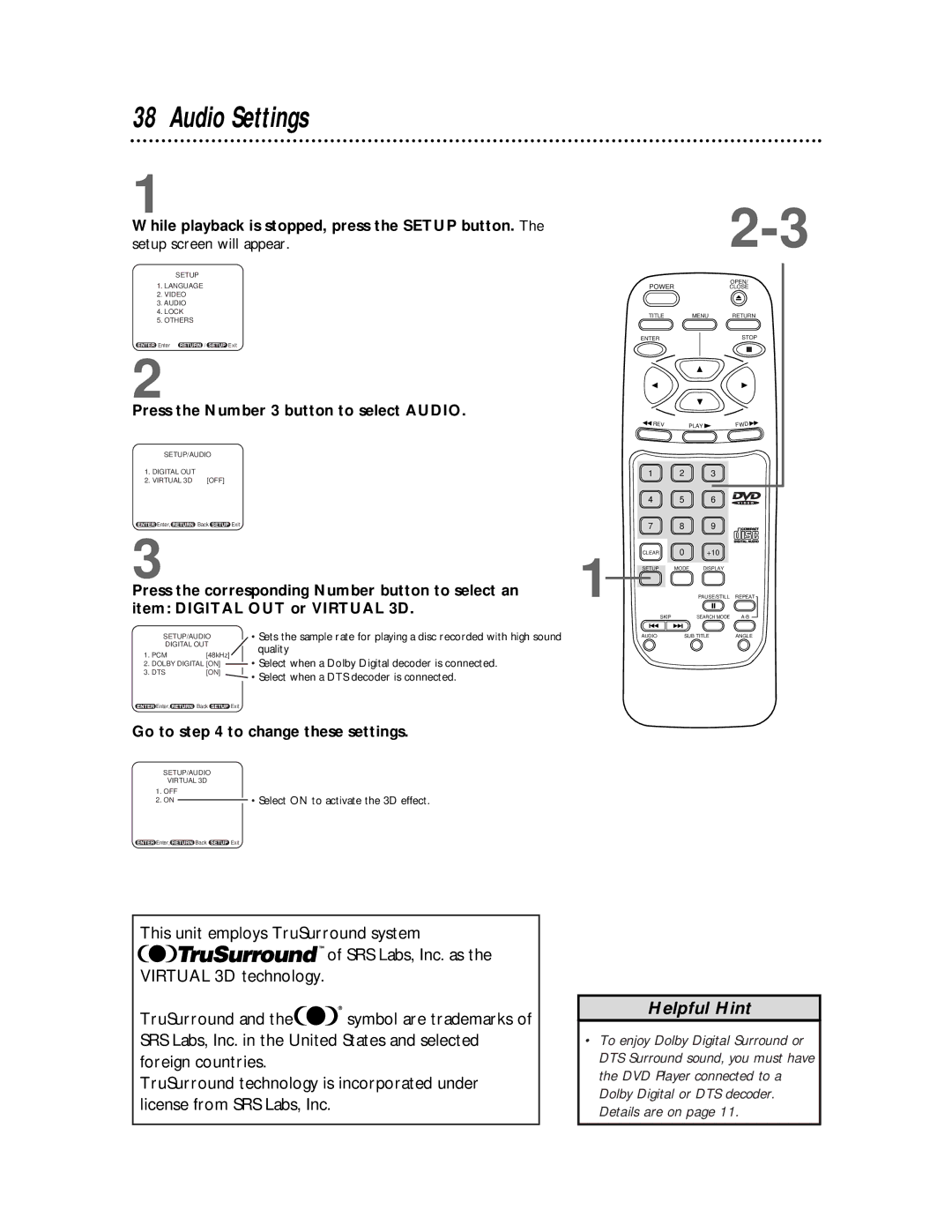 Philips SVD101AT99 owner manual Audio Settings, Press the Number 3 button to select Audio, Item Digital OUT or Virtual 3D 