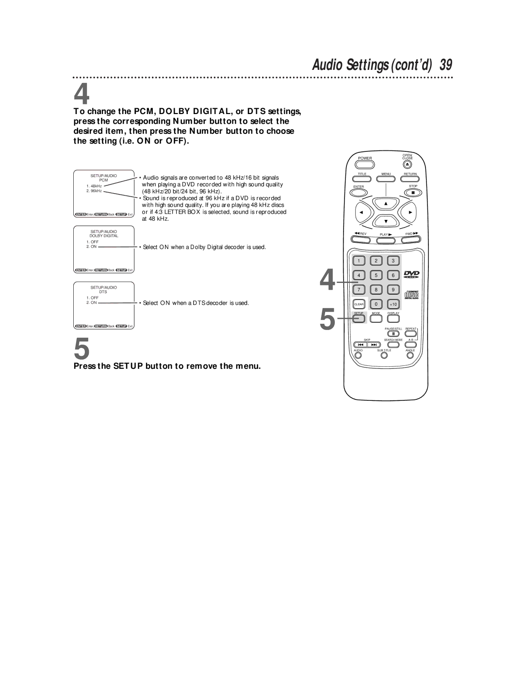 Philips SVD101AT99 owner manual Audio Settings cont’d 