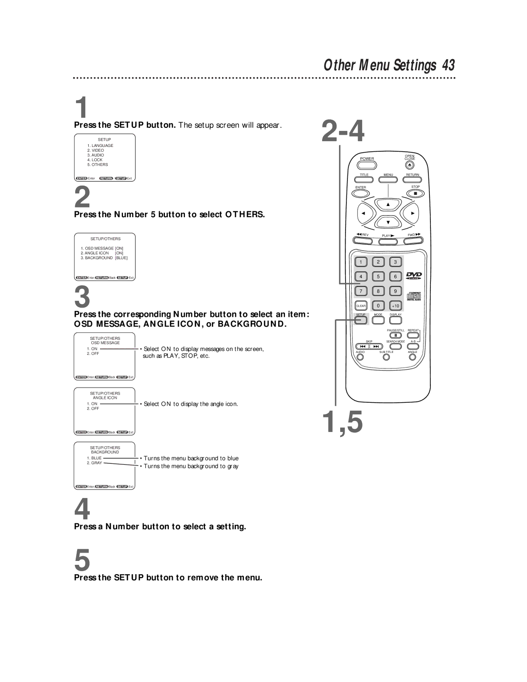 Philips SVD101AT99 owner manual Other Menu Settings, Press the Number 5 button to select Others 