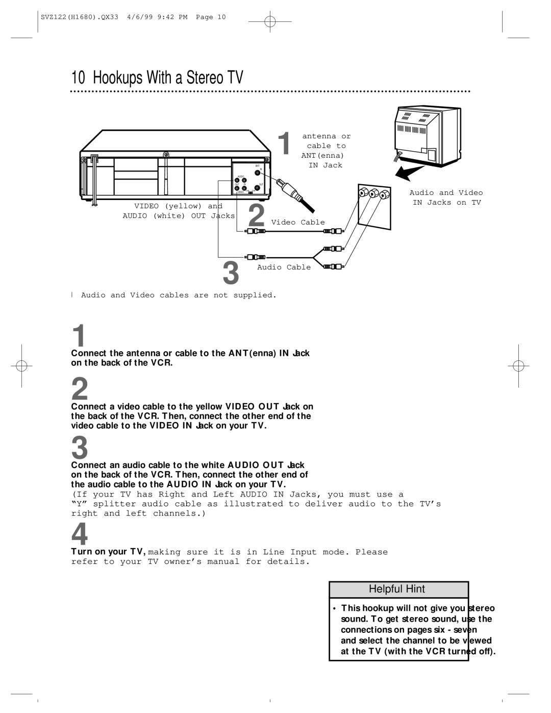 Philips SVZ122 owner manual Hookups With a Stereo TV 