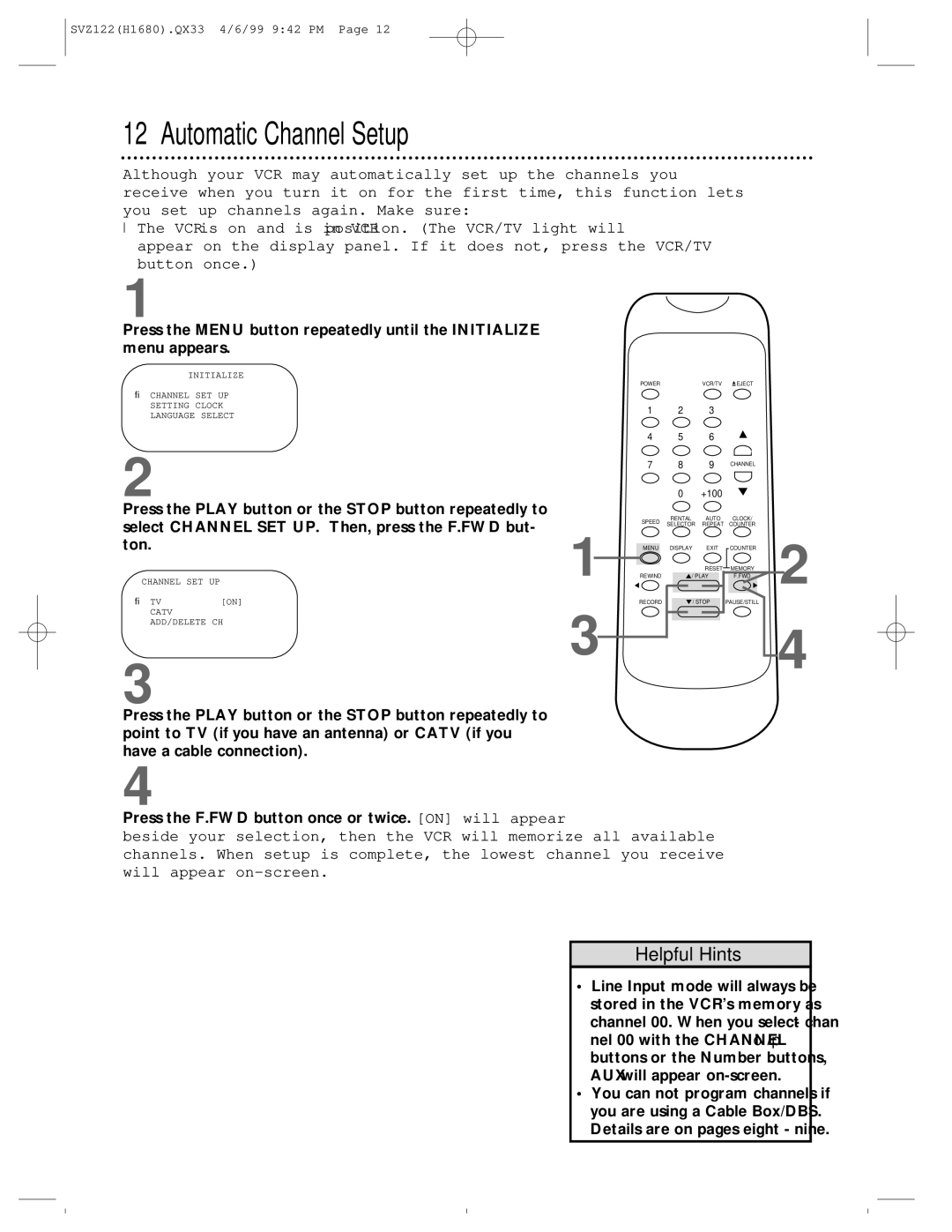 Philips SVZ122 owner manual Automatic Channel Setup 