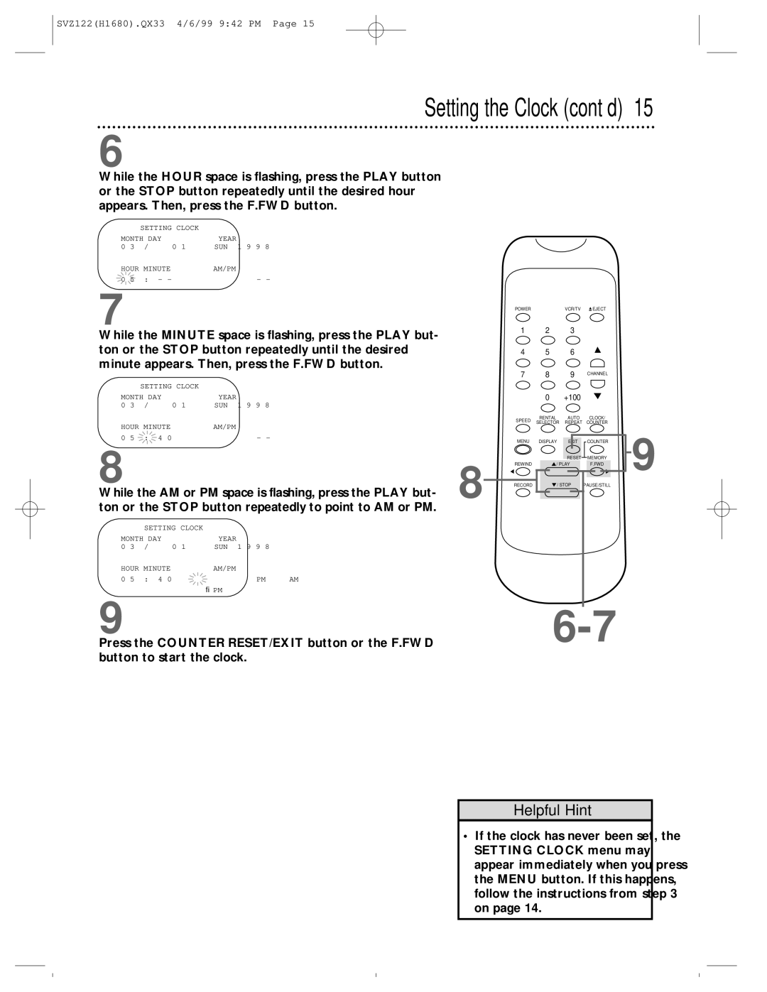 Philips SVZ122 owner manual Setting the Clock cont’d 