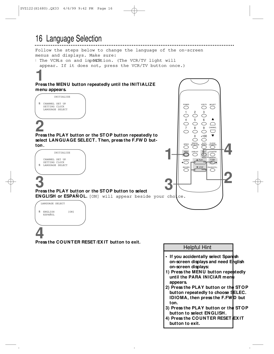 Philips SVZ122 owner manual Language Selection, Press the Counter RESET/EXIT button to exit 