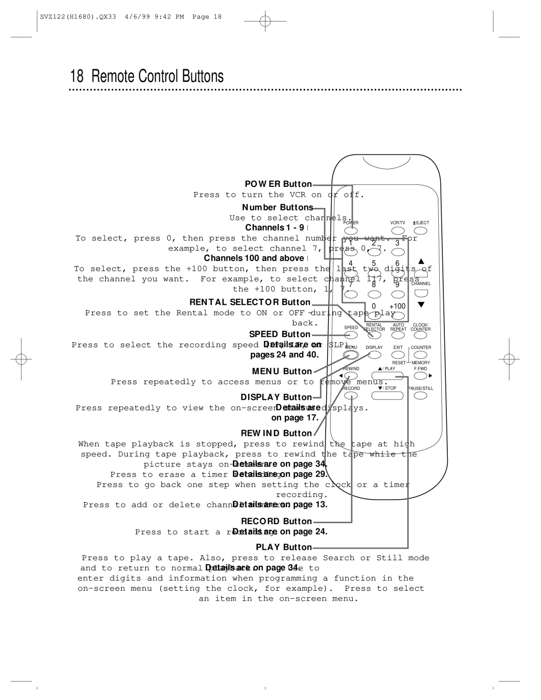 Philips SVZ122 owner manual Remote Control Buttons, Power Button, Number Buttons, Rental Selector Button, Record Button 