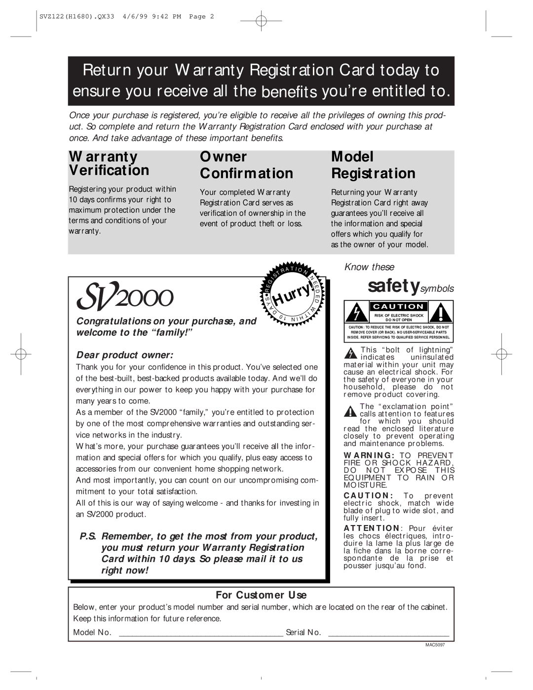 Philips SVZ122 owner manual Warranty Verification, For Customer Use 