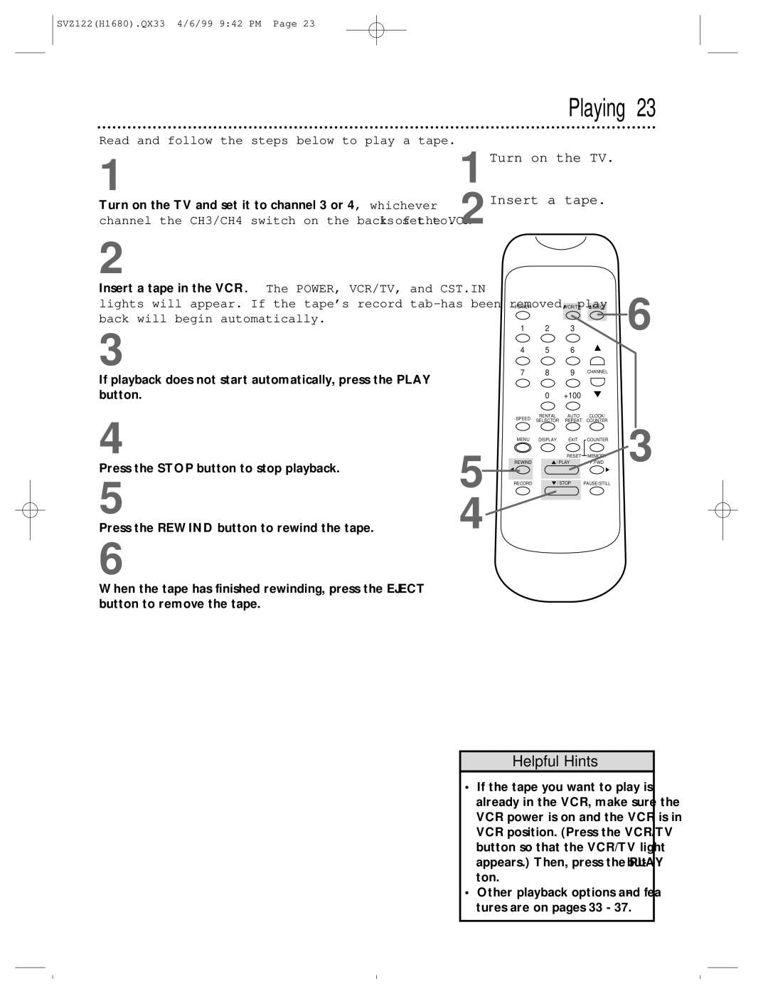 Philips SVZ122 owner manual Playing, Read and follow the steps below to play a tape 