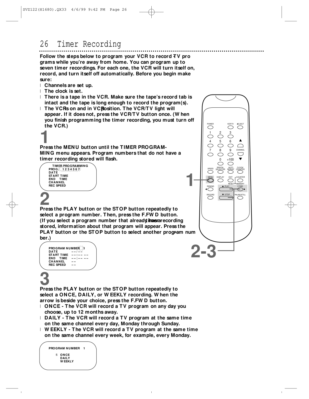 Philips SVZ122 owner manual Timer Recording, Program Number → Once Daily Weekly 