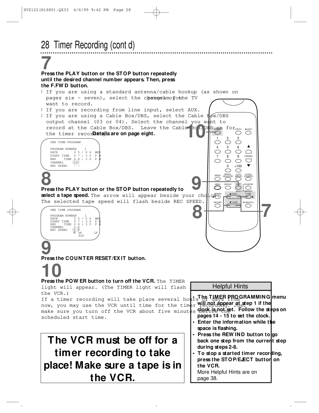 Philips SVZ122 owner manual Timer recording. Details are on page eight, Press the Counter RESET/EXIT button 