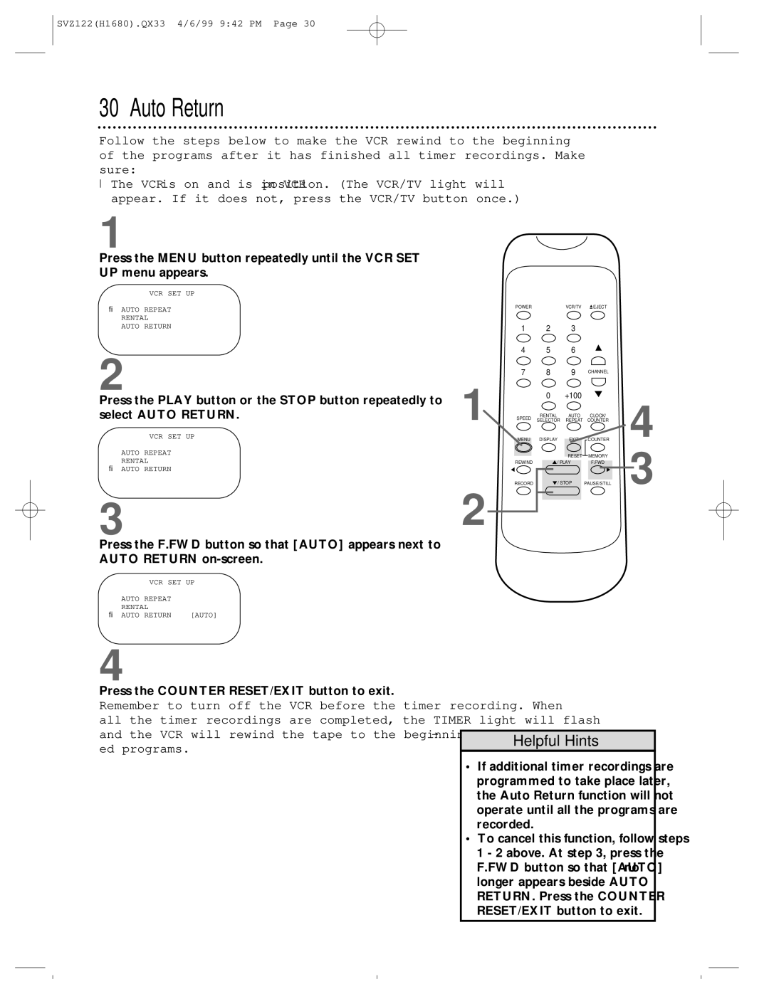 Philips SVZ122 owner manual Press the Play button or the Stop button repeatedly to, Select Auto Return 