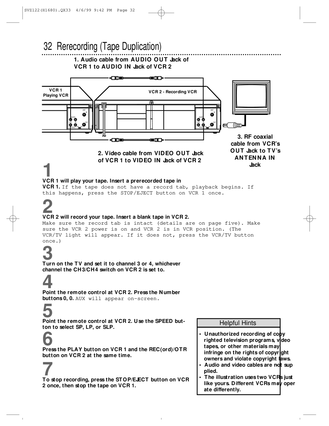 Philips SVZ122 owner manual Rerecording Tape Duplication, Antenna 