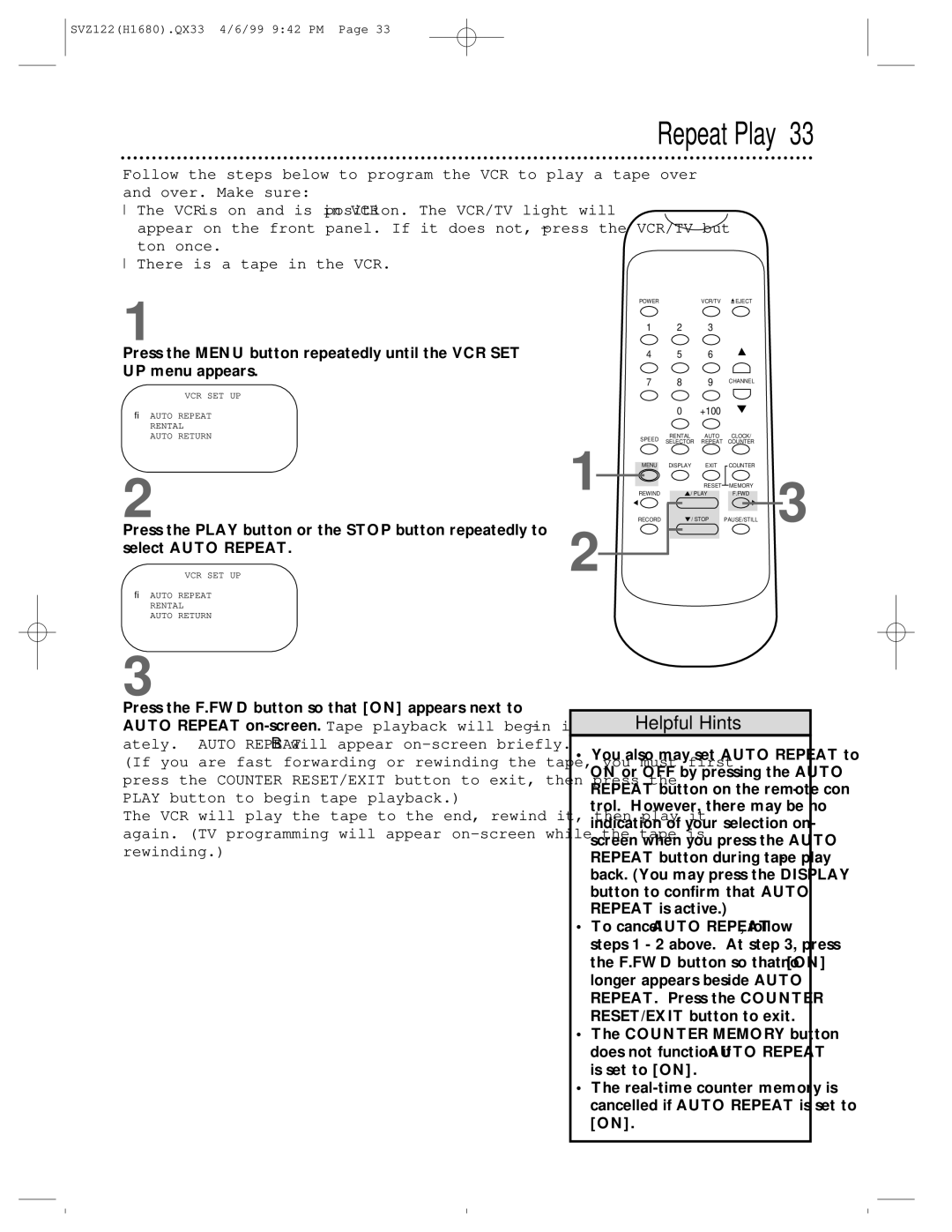 Philips SVZ122 owner manual Repeat Play 