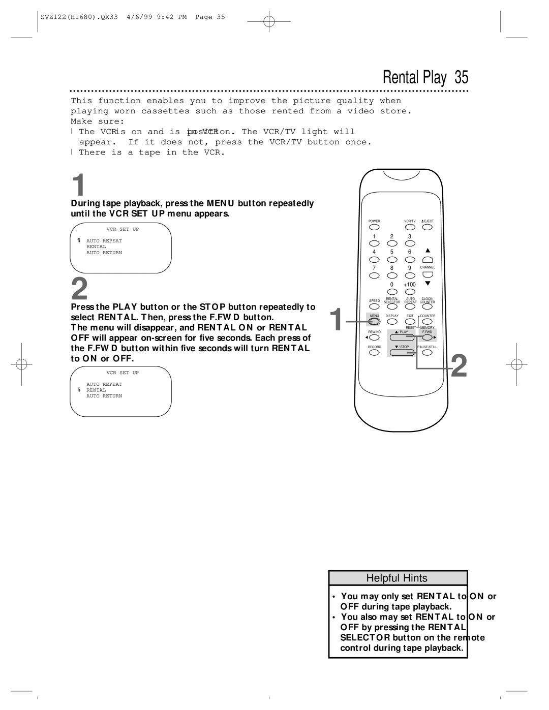 Philips SVZ122 owner manual Rental Play 