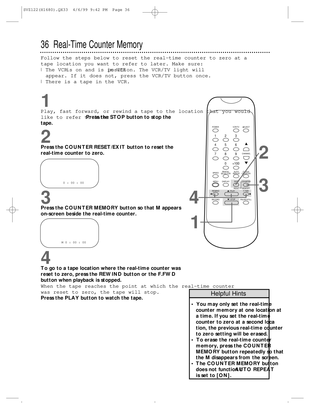 Philips SVZ122 owner manual Real-Time Counter Memory, Press the Play button to watch the tape 