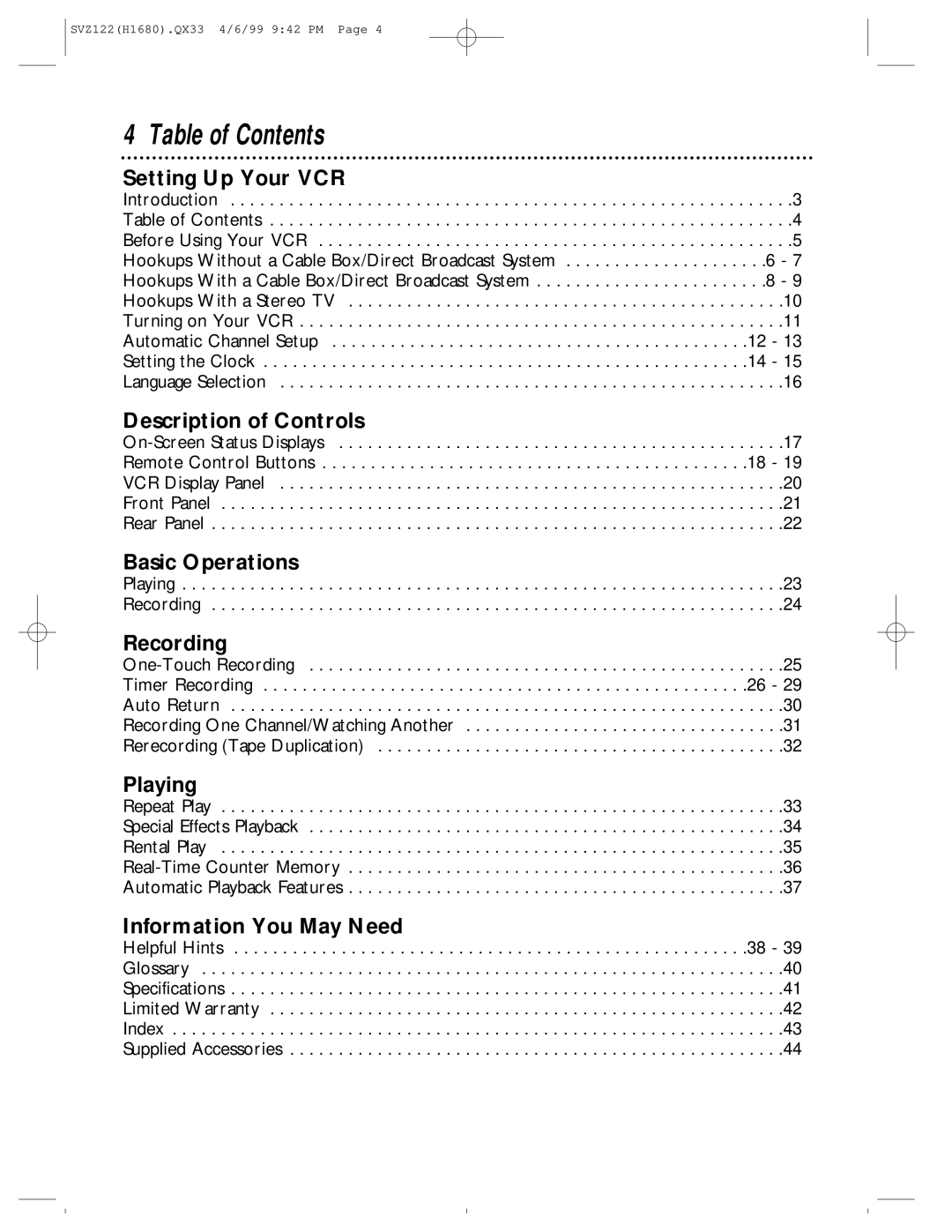 Philips SVZ122 owner manual Table of Contents 