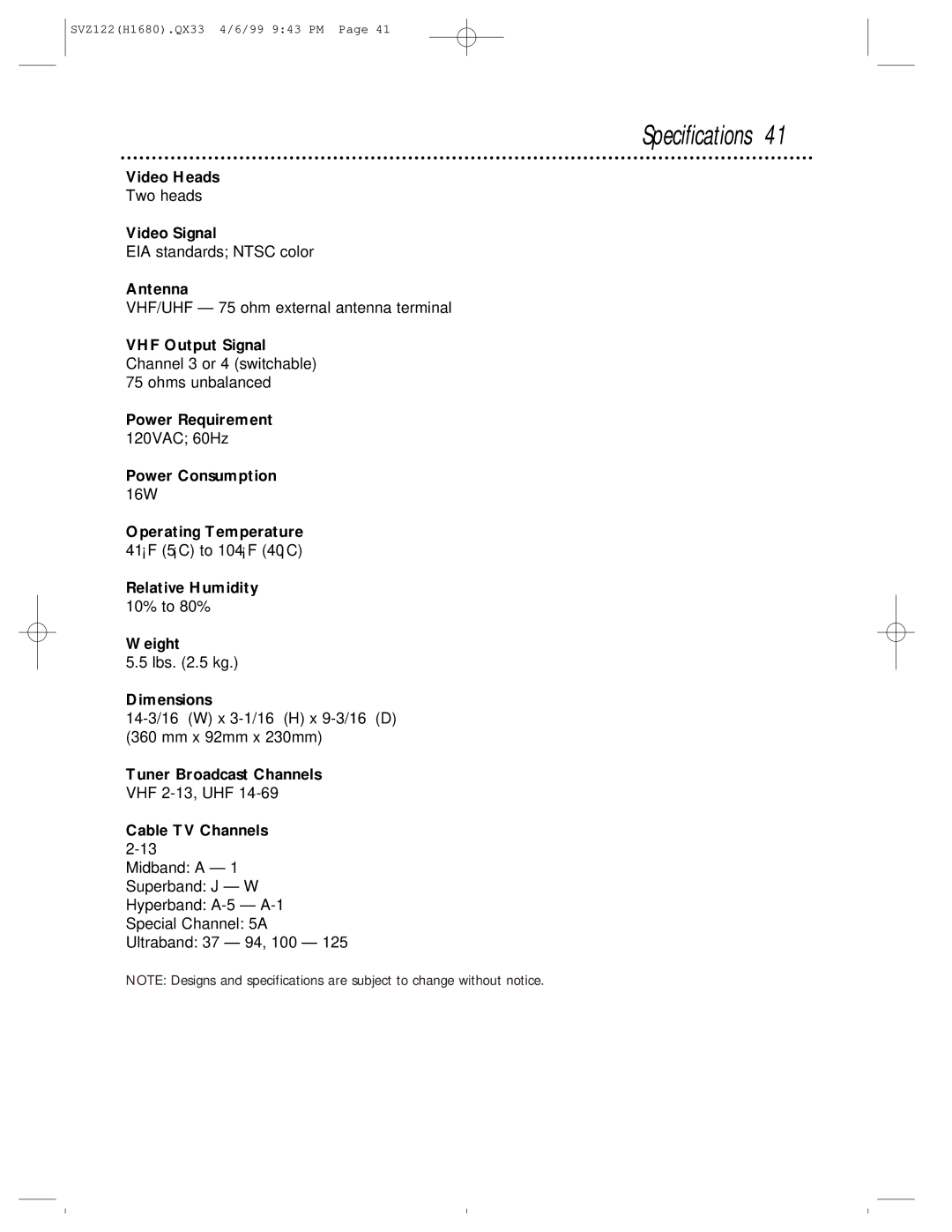 Philips SVZ122 owner manual Specifications 