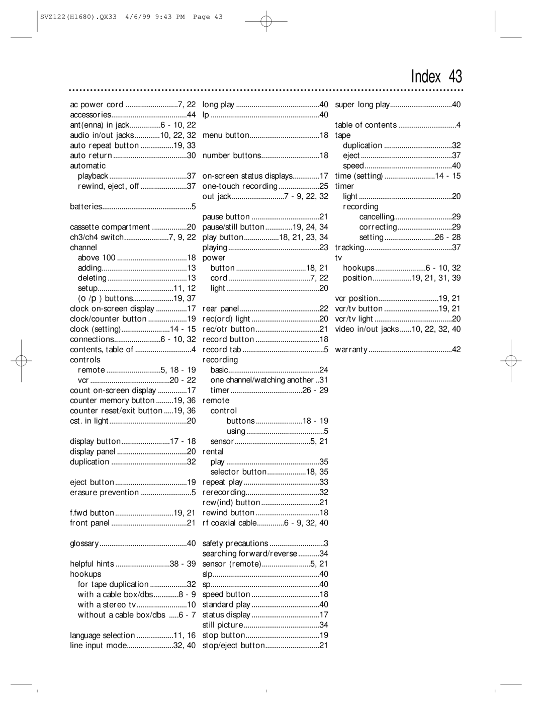 Philips SVZ122 owner manual Index 