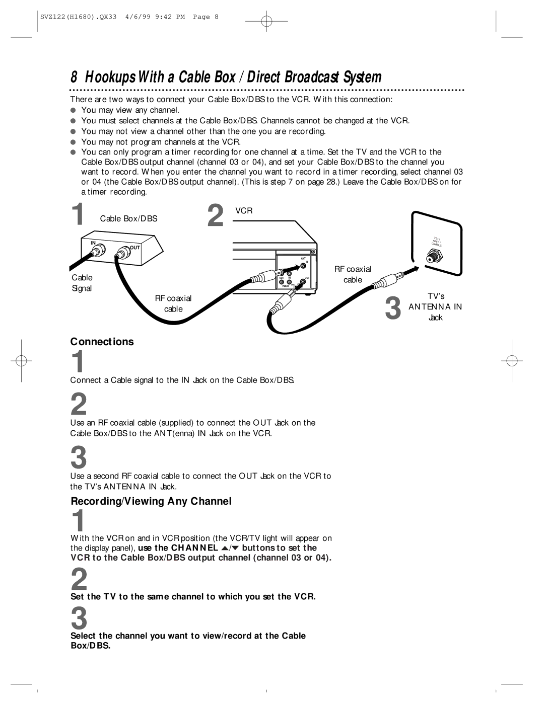 Philips SVZ122 owner manual Hookups With a Cable Box / Direct Broadcast System, Connections, Recording/Viewing Any Channel 