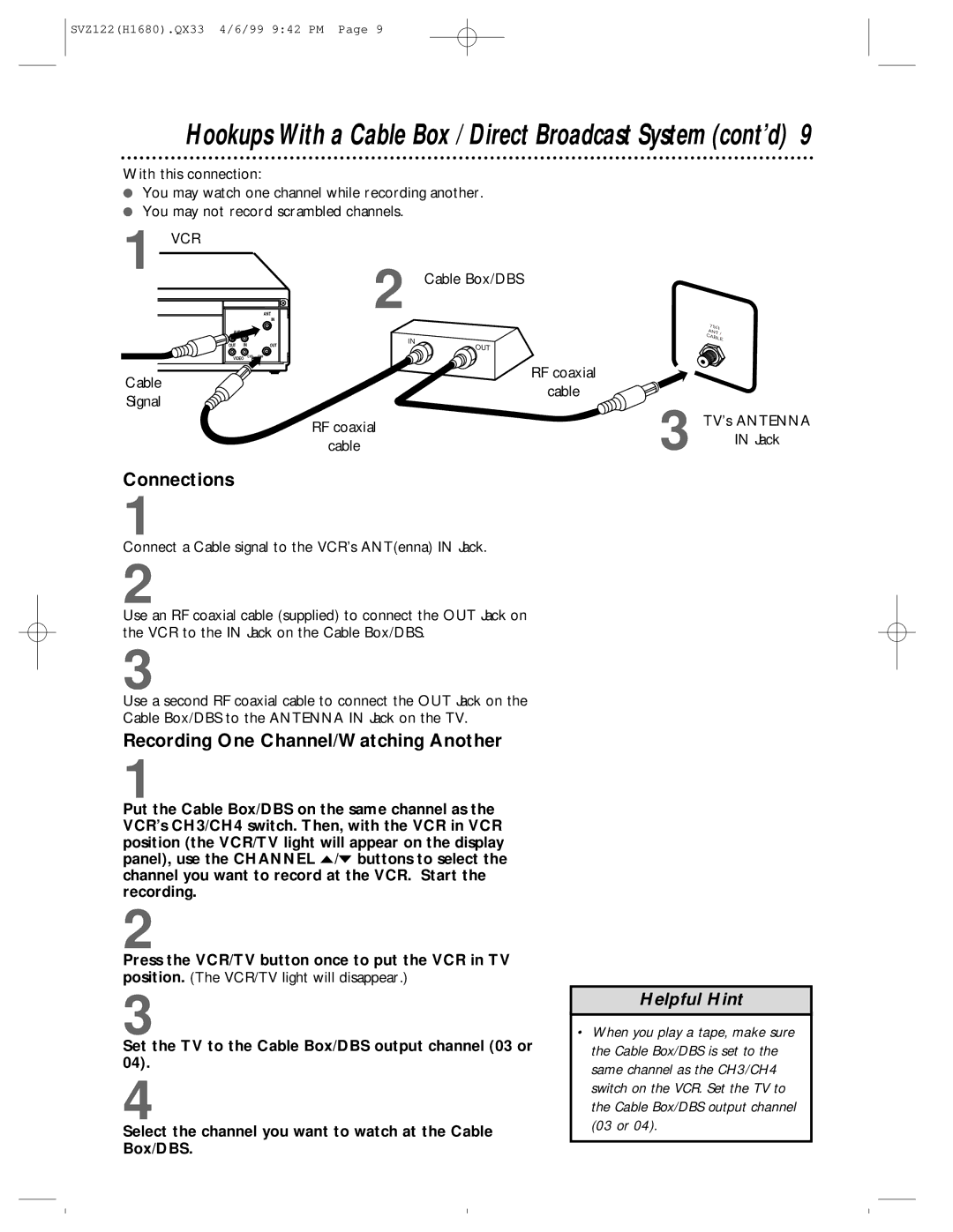 Philips SVZ122 Hookups With a Cable Box / Direct Broadcast System cont’d, Recording One Channel/Watching Another 